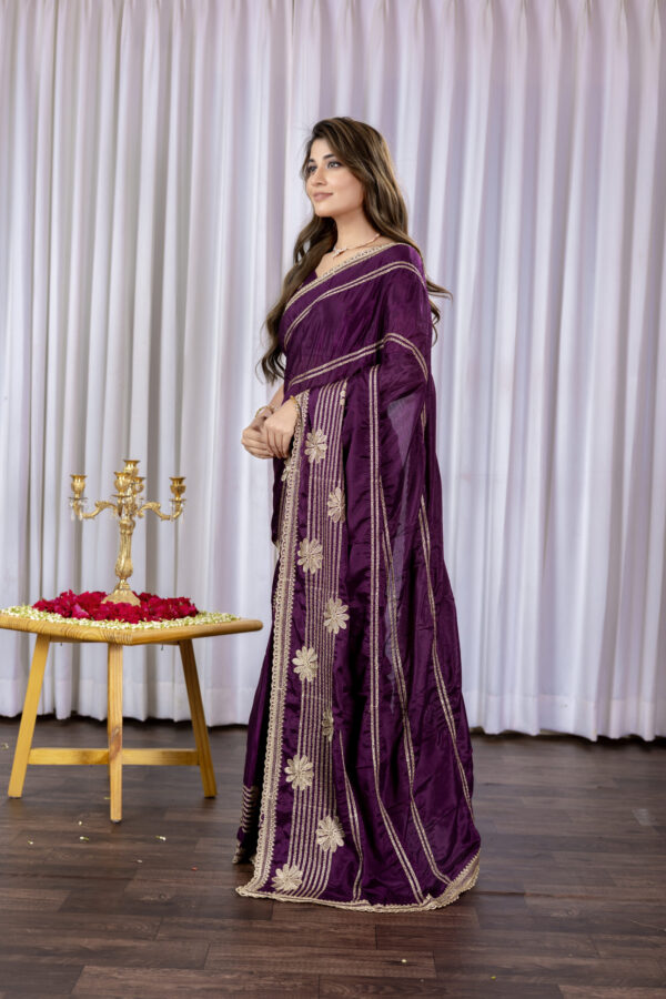 Wine Chinon Saree with Golden Floral Embroidery and Striped Detailing - Image 5