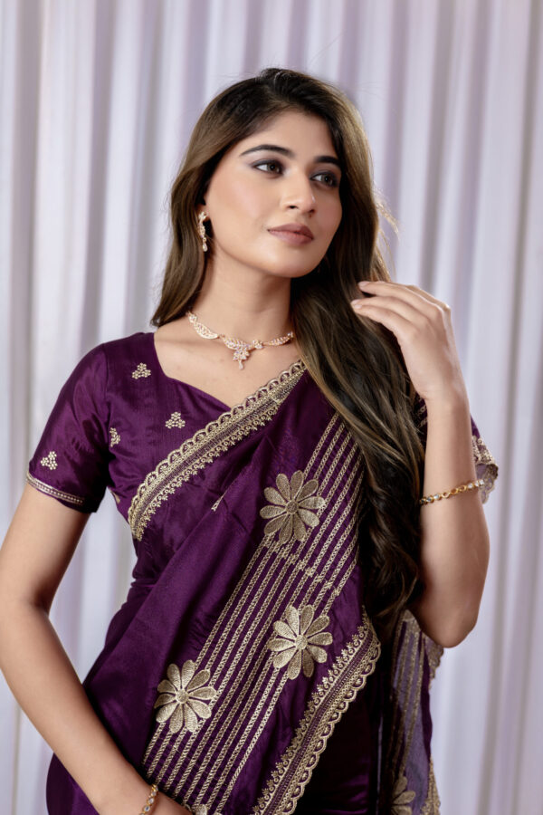 Wine Chinon Saree with Golden Floral Embroidery and Striped Detailing - Image 2