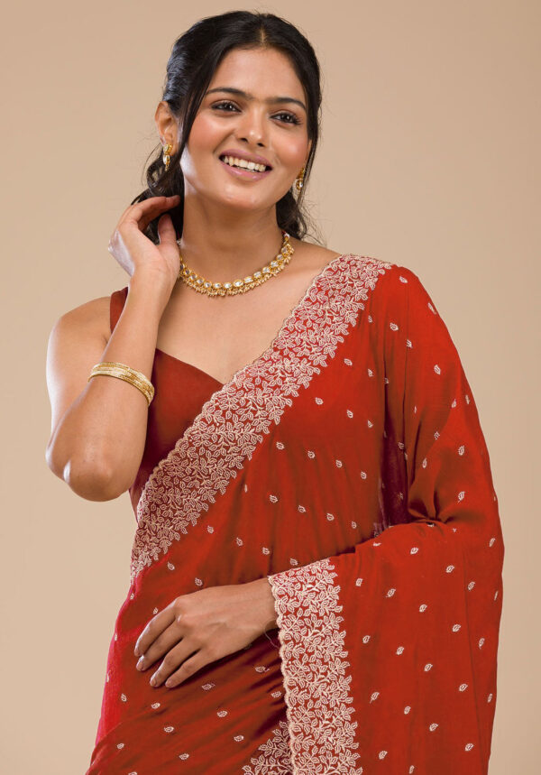 Red Chinon Saree with Rose Gold Zari Embroidery – Elegant Party & Festive Wear - Image 5